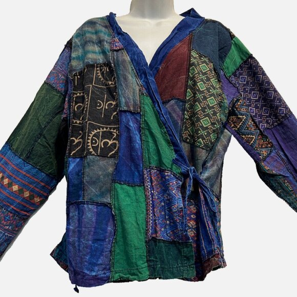 Nwt FUNKY STUFF patch boho hippy distressed cotton wrap TOP BLOUSE 1X - Picture 1 of 5